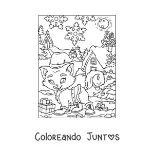 Imagen para colorear de gato animado con gorro de Navidad