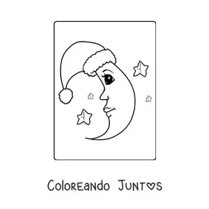 Imagen para colorear de luna animada con gorro de Navidad