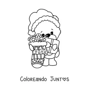 Imagen para colorear de oso kawaii con regalos y bota de Navidad