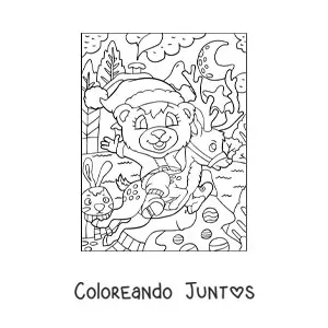Imagen para colorear de oso de Navidad vestido de Santa con ciervo