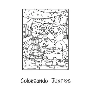 Imagen para colorear de oso de Navidad vestido de Santa con trineo con regalos