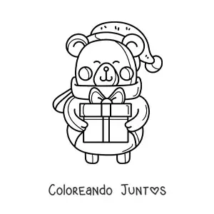 Imagen para colorear de oso de Navidad kawaii con regalo