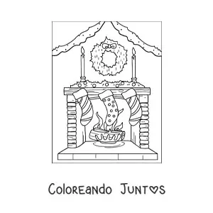 Imagen para colorear de chimenea decorada con calcetines y corona de Navidad