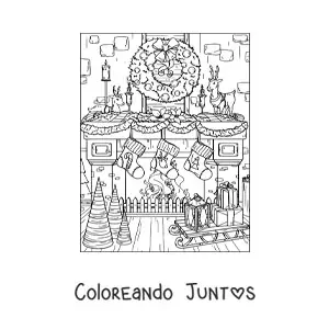 Imagen para colorear de chimenea realista decorada de Navidad
