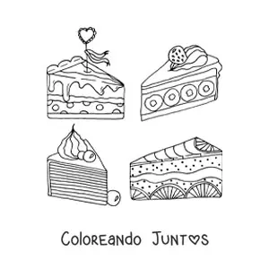 Imagen para colorear de cuatro rebanadas triangulares de pasteles con frutas