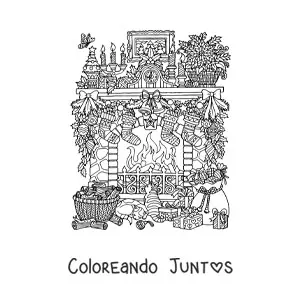 Imagen para colorear de chimenea realista decorada de Navidad con regalos