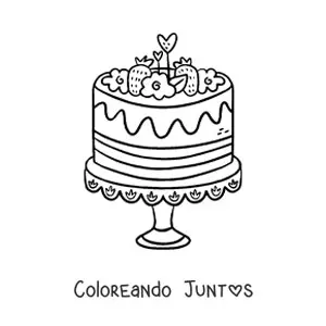 Imagen para colorear de un pastel decorado con fresas y flores