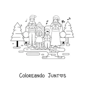 Imagen para colorear de familia grande cantando villancicos en Navidad