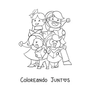 Imagen para colorear de familia cantando villancicos alegres en Navidad