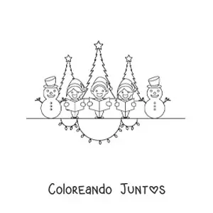 Imagen para colorear de niños y hombres de nieve animados cantando villancicos en Navidad