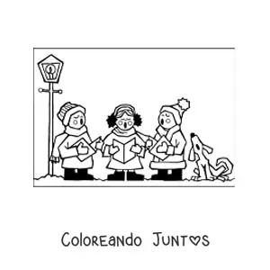 Imagen para colorear de niños y perro cantando villancicos en Navidad