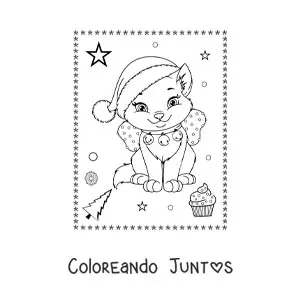 Imagen para colorear de gato navideño kawaii con lazo
