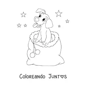 Imagen para colorear de perro navideño kawaii en saco de regalos