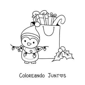 Imagen para colorear de pingüino navideño kawaii con regalos y luces