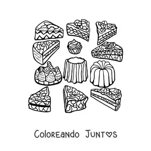 Imagen para colorear de varias rebanadas de pasteles y postres