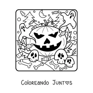 Imagen para colorear de calabaza de Halloween grande con fantasmas