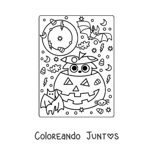 Imagen para colorear de calabaza de Halloween animada con gato kawaii