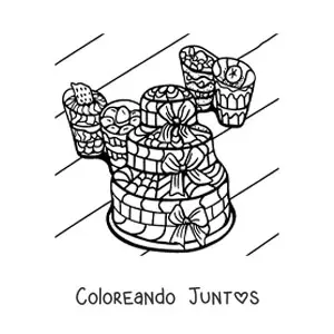 Imagen para colorear de un pastel junto a varios postres
