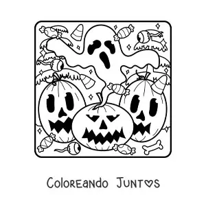 Imagen para colorear de calabazas de Halloween juntas con fantasma