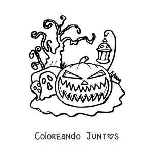Imagen para colorear de calabaza de Halloween de miedo con linterna