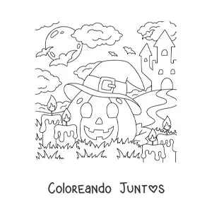 Imagen para colorear de calabaza de Halloween kawaii con sombrero y velas