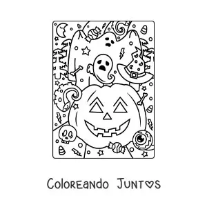 Imagen para colorear de calabaza de Halloween bonita con fantasma y dulces