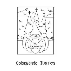Imagen para colorear de calabaza de Halloween sencilla con sombrero y murciélagos
