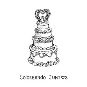Imagen para colorear de un pastel de boda adornado con un corazón