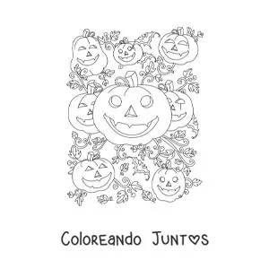 Imagen para colorear de calabazas de Halloween hermosas con hojas de otoño
