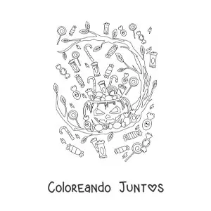 Imagen para colorear de calabaza de Halloween terrorífica con dulces