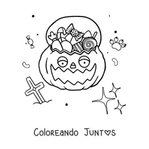 Imagen para colorear de caricatura de calabaza de Halloween con dulces