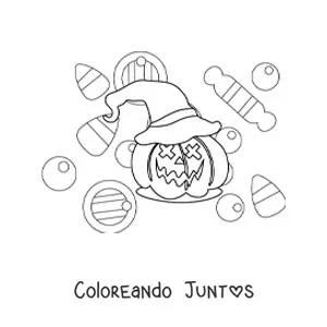 Imagen para colorear de calabaza de Halloween sencilla con sombrero y dulces