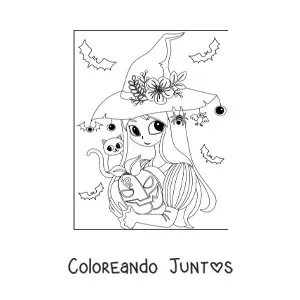 Imagen para colorear de bruja bonita con gato y calabaza de Halloween