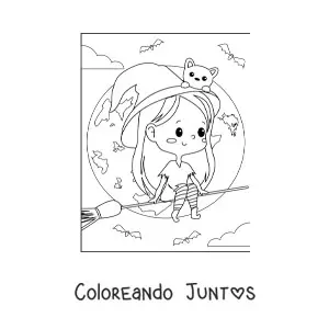 Imagen para colorear de bruja de Halloween kawaii volando en escoba con gato