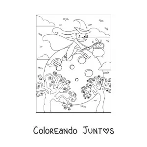 Imagen para colorear de brujita animada kawaii volando con Luna llena
