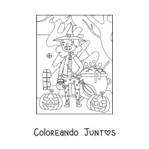 Imagen para colorear de brujita animada con caldero