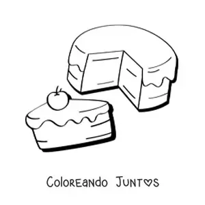 Imagen para colorear de un pastel y una rebanada de pastel con cereza