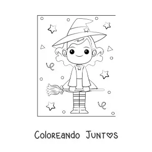 Imagen para colorear de bruja kawaii con escoba