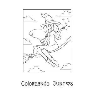 Imagen para colorear de bruja hechicera bonita volando en escoba
