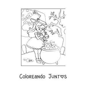 Imagen para colorear de bruja kawaii preparando pócima con Luna llena