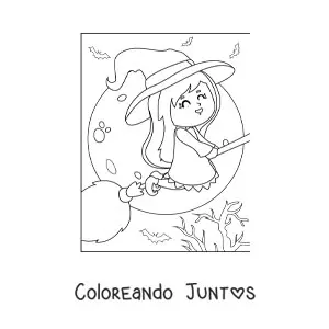 Imagen para colorear de bruja kawaii volando con Luna llena