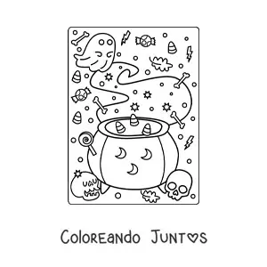 Imagen para colorear de caldero de bruja con fantasma y dulces de Halloween
