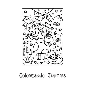 Imagen para colorear de bruja de caricatura en fiesta de Halloween