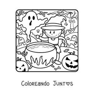 Imagen para colorear de bruja de caricatura con caldero y fantasma