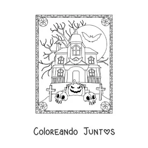 Imagen para colorear de casa embrujada de terror con calabaza de Halloween