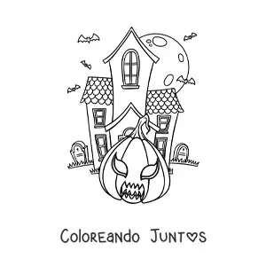 Imagen para colorear de casa embrujada grande con calabaza de Halloween y tumbas