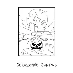 Imagen para colorear de calabaza de Halloween terrorífica con mansión embrujada