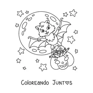 Imagen para colorear de murciélago kawaii con calabaza con dulces de Halloween