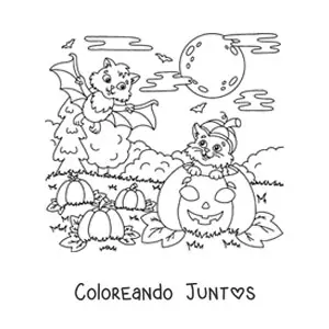 Imagen para colorear de murciélago kawaii con gato y calabaza de Halloween
