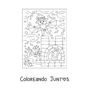 Imagen para colorear de gato disfrazado de murciélago kawaii con calabaza de Halloween